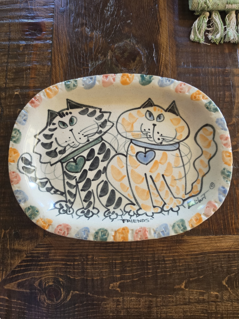 Hand-Made Painted Signed Cat Ceramic Pet Dish - Multicolor "Friends" EUC